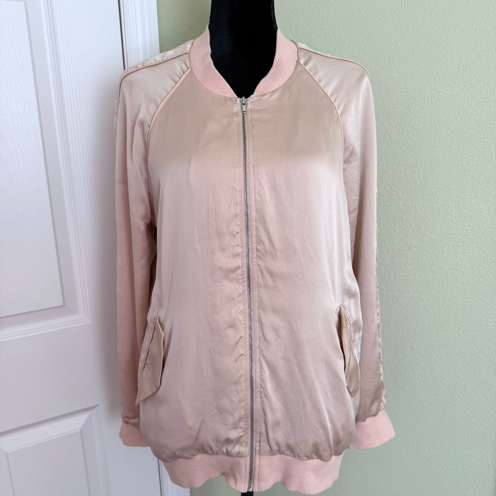 Equipment Femme Blush Pink Silk Zip Up Bomber Jacket